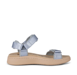 side view of blue metallic strappy sandal with tan sole