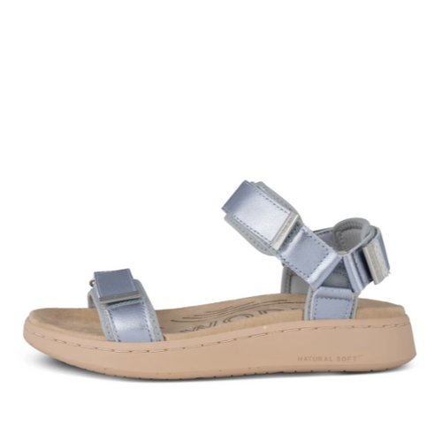 Blue metallic strappy sandal with tan sole