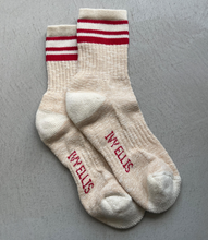 Load image into Gallery viewer, Tan Socks with white heel and red stripes at ankle with text Ivy Ellis