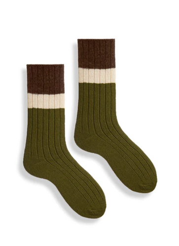 RIBBED COLORBLOCK Wool Cashmere Crew Socks Olive