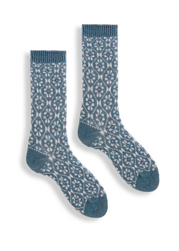 blue socks with white flower pattern