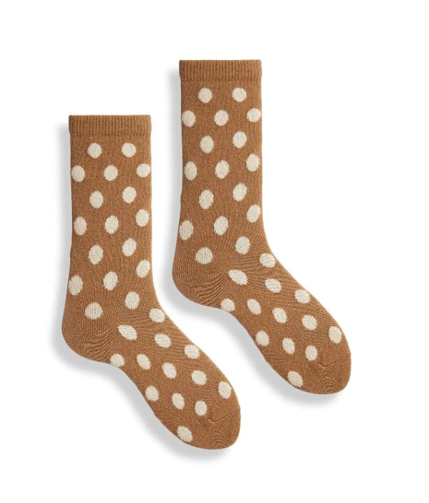 tan and white polka dot socks