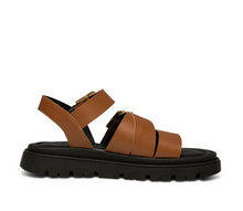 Load image into Gallery viewer, brown strappy sandal with black sole inside view