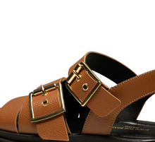 Load image into Gallery viewer, close up of gold buckles on brown sandal straps