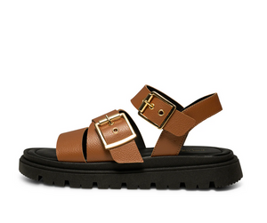 side view of brown strappy sandal with black sole