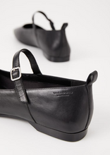 Load image into Gallery viewer, Close up of buckle detail and the heel of black Mary Jane shoes