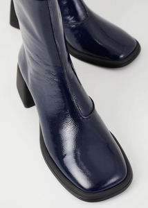 ANSIE Navy Patent Leather Ankle Boots