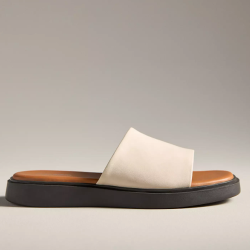 off-white sandals with black and tan sole