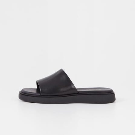 Black leather single strap flat sandal