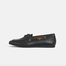 Load image into Gallery viewer, black leather boat shoe flat side view