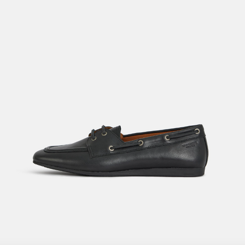black leather boat shoe flat side view
