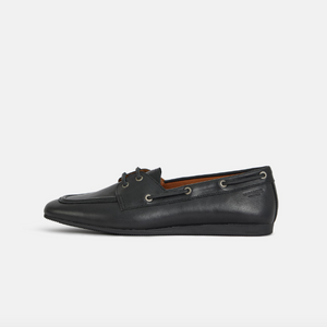 black leather boat shoe flat side view