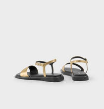 Load image into Gallery viewer, Back view of gold flat sandals