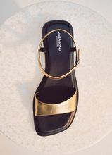 Load image into Gallery viewer, Top view of gold strappy flat sandal