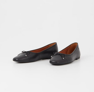 Black Leather Tie Ballerina Flat Shoes