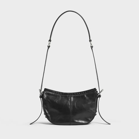 Black leather handbag with long strap