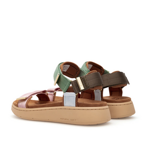 back view of strappy sandal with brown green pink and blue straps