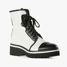 Load image into Gallery viewer, White puffy and black leather combat boot