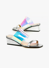 Load image into Gallery viewer, Silver wedge sandals with one plastic strap and one leather strap