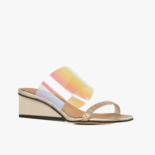 iridescent gold wedge sandal