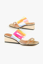 Load image into Gallery viewer, Side View of Gold low wedge sandals