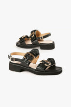 Load image into Gallery viewer, DOUBLE RUFFLE LUG Black Leather Sandals