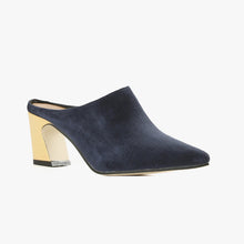 Load image into Gallery viewer, Navy suede with yellow heel mule