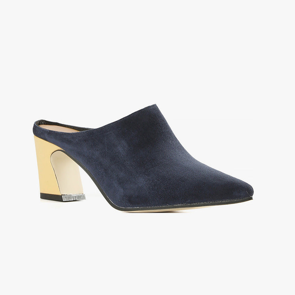 Navy suede with yellow heel mule