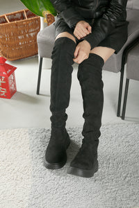 FLAT LUGG BOOT Black Microfiber Suede Thigh High Boots