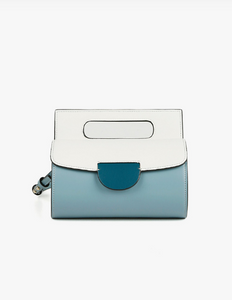 Blue and white rounded handbag