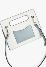 Load image into Gallery viewer, back of blue and white handbag