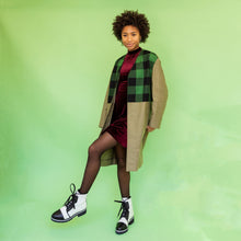 Load image into Gallery viewer, Black and white boots worn with red dress and raincoat