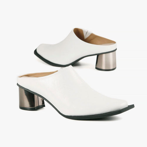 White Leather Mules with Silver Heels