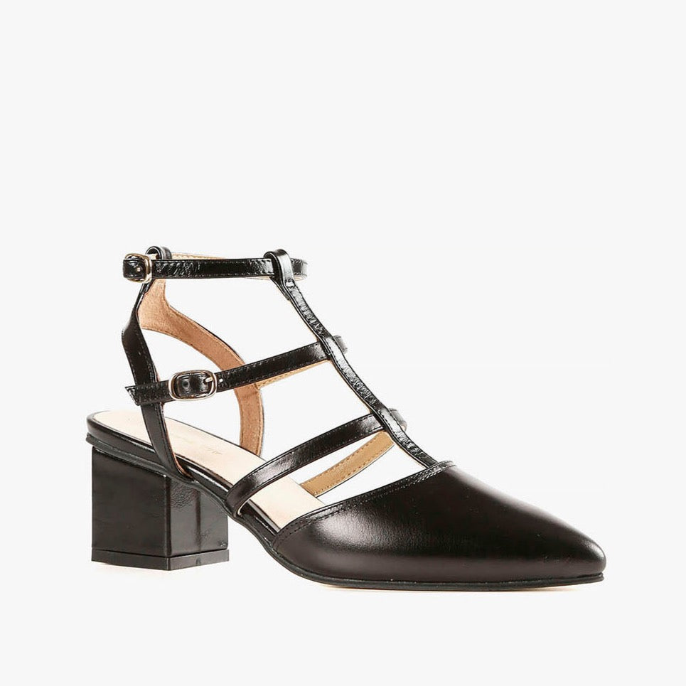 GLADIATOR BLOCK Black Leather Heels