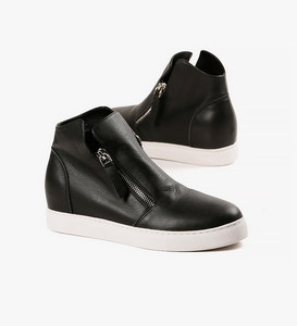Black leather wedge sneakers with white sole