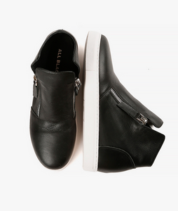 Top and side view of black wedge sneakers