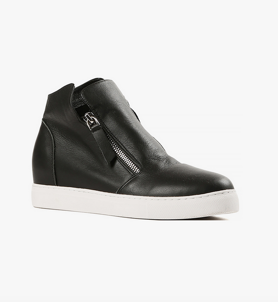 Black Leather side zip wedge sneaker