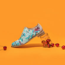 Load image into Gallery viewer, Turquoise and pink metallic pony hair slip-on flat oxfords.