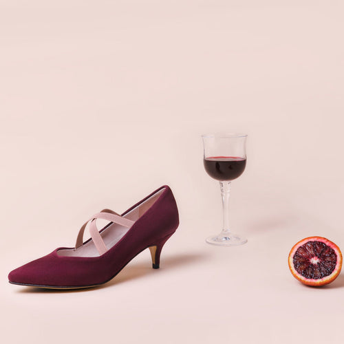 Burgundy suede kitten heel pump