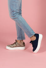 Load image into Gallery viewer, Model wearing Tan snakeskin chunky sneaker and Navy nubuck and embossed leather chunky sneaker