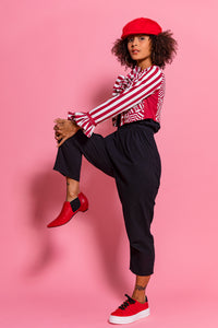 Red Ankle Boots worn with red stripe shirt