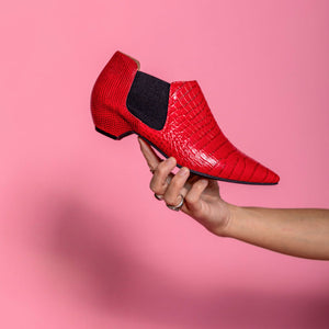 ENLIVEN Red Croc Embossed Leather Ankle Boots