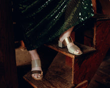 Load image into Gallery viewer, Green Leather and Gold Mule Heels