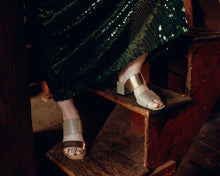 Load image into Gallery viewer, Green Leather and Gold Mule Heels