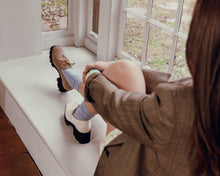 Load image into Gallery viewer, Tan suede and Cream Leather Lace-up Oxfords with chunky soles on model.