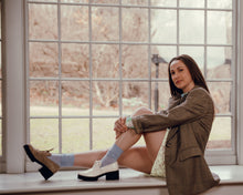 Load image into Gallery viewer, Woman wearing Tan Suede and Cream Leather Lace-up Oxfords with chunky sole