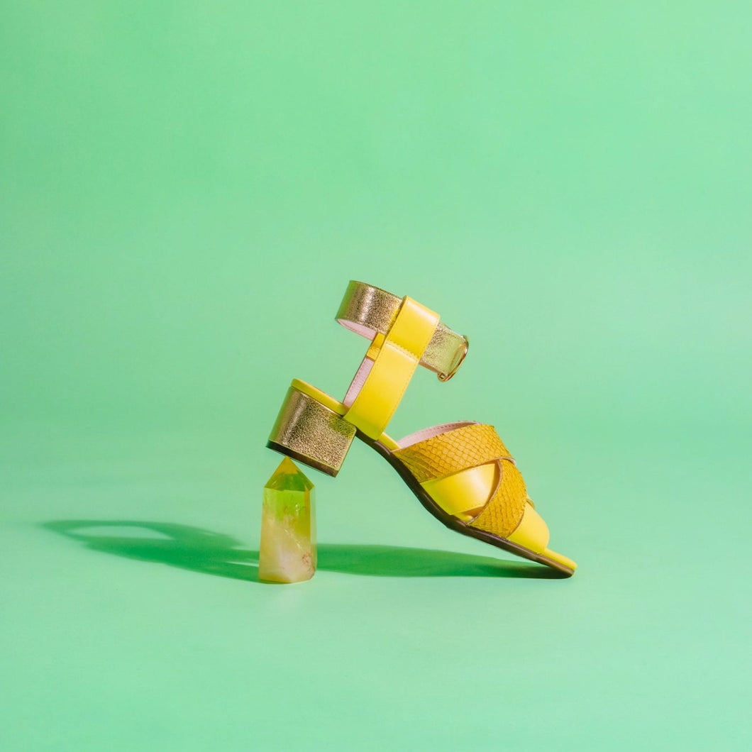 Yellow & Gold Mid Heel Sandal