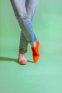 Models wears Pink suede and tilapia leather oxford and Orange suede and leather oxford