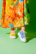 Load image into Gallery viewer, Model wearing Tilapia leather Blue-Teal and Gold Chunky Sneaker and Yellow leather chunky sneaker