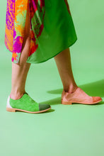 Load image into Gallery viewer, Models wears Pink suede and tilapia leather oxford and Green suede and leather oxford